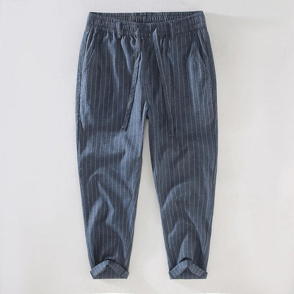 Linen Striped Drawstring Cropped Pants