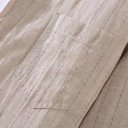 Stand Collar Cotton Linen Striped Long-Sleeved Shirt